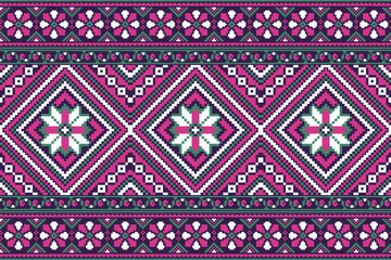flower embroidery on purple background. ikat and cross stitch geometric seamless pattern ethnic oriental traditional. Aztec style illustration design for carpet, wallpaper, clothing, wrapping, batik.	