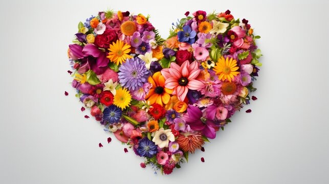 heart shape made from beautifull coloreful flowers. Photo in high quality 4k, high detailed, full ultra 