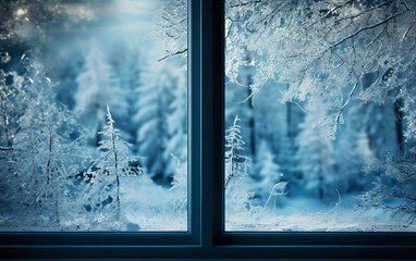 Closeup of a winter landscape in window