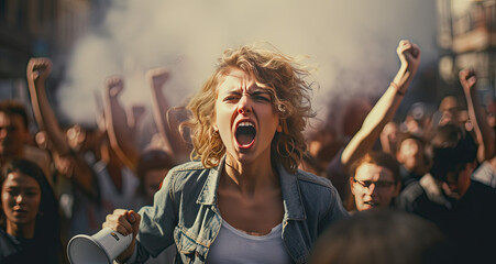 a woman is screaming in front of a crowd of protesters - obrazy, fototapety, plakaty