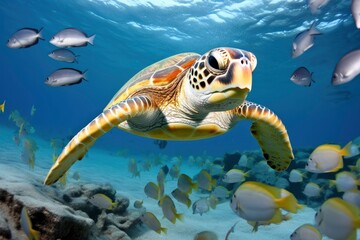 Fototapeta premium Turtle closeup with school of fish.