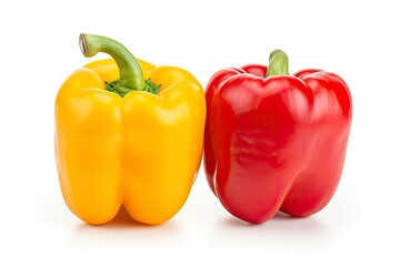 Two bell peppers, a red and a yellow isolated on white background.