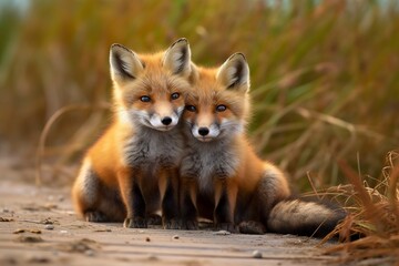 Naklejka na ściany i meble Wild baby red foxes cuddling at the beach.