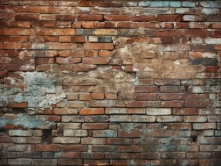 Fototapeta premium A textured, aged brick wall showcases a rich tapestry of reds, browns, and occasional blues. Signs of wear, like eroded mortar and chipped bricks, add character to the facade.