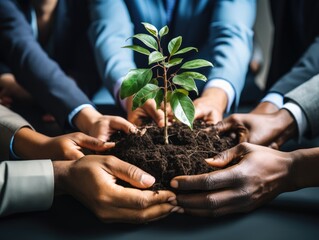 A group of diverse hands collaboratively holding a young plant growing from a mound of soil, symbolizing teamwork and growth. - obrazy, fototapety, plakaty