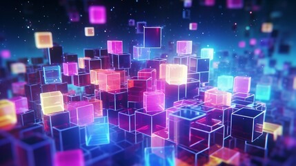 Fototapeta premium Neon cubes, a 3D abstract background,.