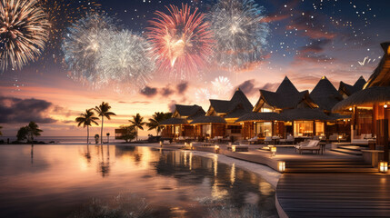 New Year's Eve fireworks over a vacation resort in the Caribbean - obrazy, fototapety, plakaty
