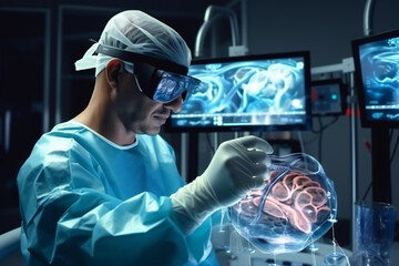 A surgeon Wearing Augmented Reality Glasses looks at a huge augmented reality representation of a huge human brain and performs brain Surgery with an Animated 3D Brain Model. illustration - obrazy, fototapety, plakaty