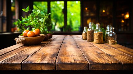 Pusty drewniwny blat stołu kuchennego na zamazanym tle. - obrazy, fototapety, plakaty