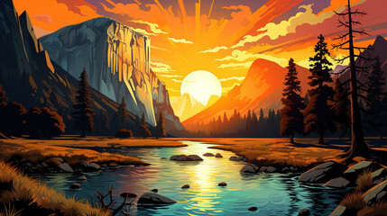 Beautiful scenic view of yosemite national park during sunrise or sunset. Colorful pop art illustration.