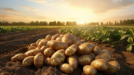 potatoes sitting in an open field at sunrise