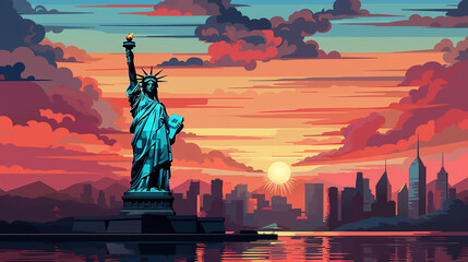 Beautiful scenic view of statue of liberty during sunrise or sunset. Colorful pop art illustration. - obrazy, fototapety, plakaty