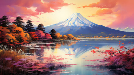 Beautiful scenic view of mount fuji and lake during sunrise or sunset. Colorful watercolor painting.