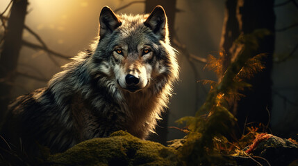 Portrait of gray wolf in the forest.