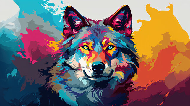 Fototapeta Cool looking gray wolf in pop art style painting, minimal. 