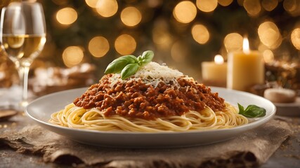 Delicious Spaghetti Bolognese With Fresh Parmesan With New Year Golden Bokeh Background