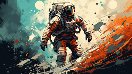 Illustration of astronaut in mixed grunge colors style.