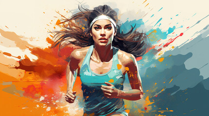 Illustration of female runner in mixed grunge colors style.