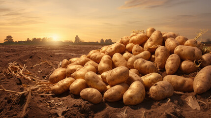 Fototapeta na wymiar potatoes sitting in an open field at sunrise