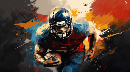 Illustration of american football player in mixed grunge colors style. - obrazy, fototapety, plakaty