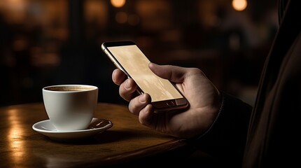 Una persona revisando su smartphone mientras se toma un café - obrazy, fototapety, plakaty