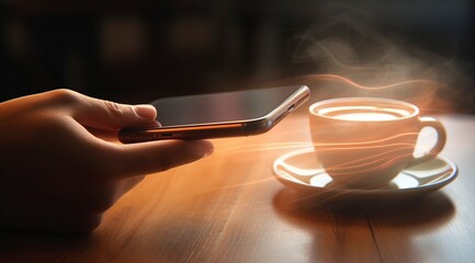 Una persona mirando su teléfono móvil mientras se toma un café humeante