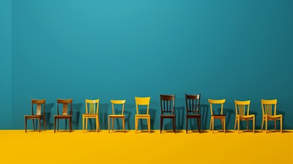 Several yellow chairs are arranged in a row against a blue background in this yellow and amber-inspired image.
