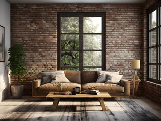 3D model of modern brick walls living room with couches and large windows generative ai