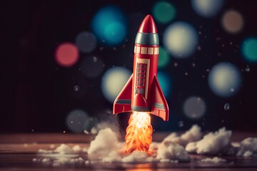 Toy rocket takes off business and finances success concept. - obrazy, fototapety, plakaty