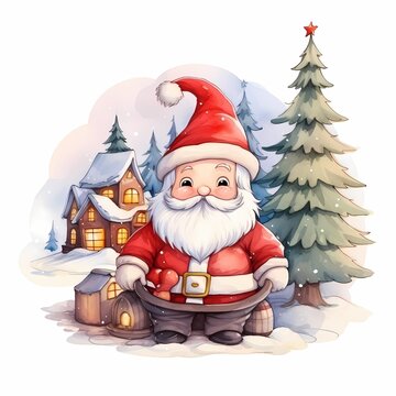 cute pastel santa claus and christmas tree in watercolor style