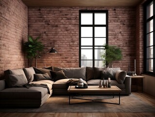 3D model of modern brick walls living room with couches and large windows generative ai