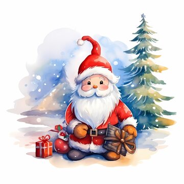 cute cartoon santa claus with Christmas tree setting in countryside village as the background and  watercolor painted