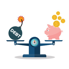 Debt and income on scales. Weighing, balance, debt statistics 