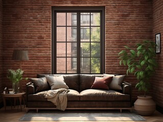 3D model of modern brick walls living room with couches and large windows generative ai