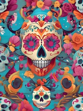 Vibrant Day of the Dead Celebration with Dia de los Muertos Skull in Mexico Festival, Featuring Colorful Background and Traditions