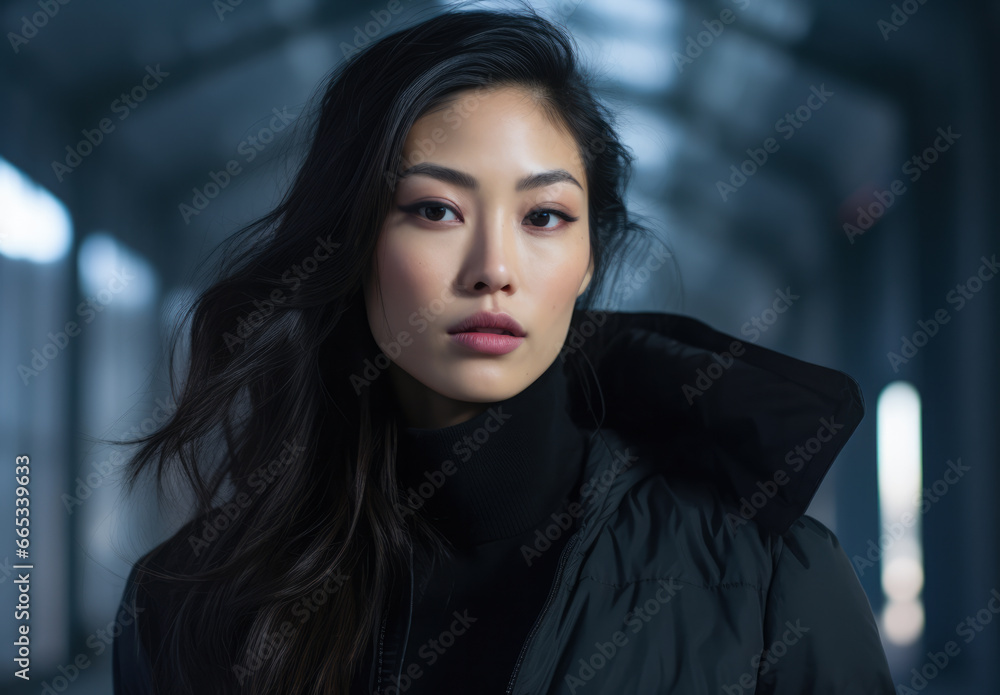 Sticker young asian woman portrait in black