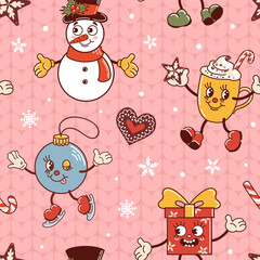 Snowman, gift and hot chocolate mug dancing, ball is skating. Cute old retro cartoon style characters. Knitted ugly sweater. Seamless pattern for wallpaper, fabric, wrapping, background.