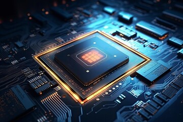 Futuristic central processor unit. Powerful Quantum CPU motherboard.