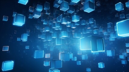 three-dimensional abstract background. Metal cubes in blue hover in the air. copy region. 3-D modeling 