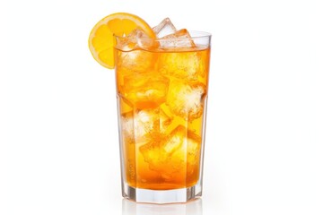 A glass of orange soda water with ice cubes on white background.