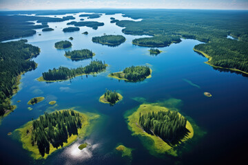 Top view of a big lake with small green islands - obrazy, fototapety, plakaty