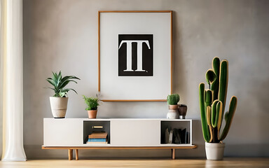 Mock up photo frame green wall mounted on the wooden cabinet 3d rendering. 