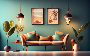 Mock up photo frame green wall mounted on the wooden cabinet 3d rendering. 