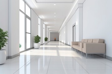 Interior design of a modern luxurious white building corridor or hallway with waiting seat.