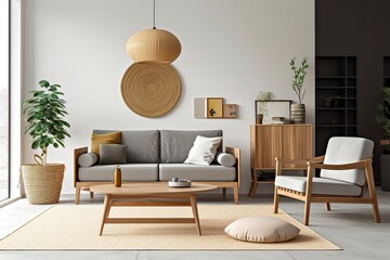 Interior of light living room with grey sofas, wooden armchair, and coffee table.