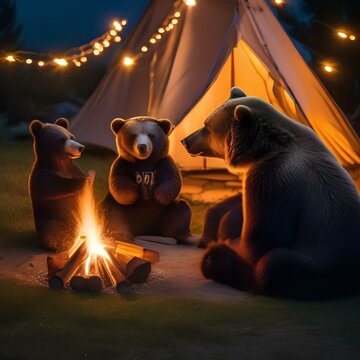 A Bear Family Sitting Around A Campfire, Roasting Marshmallows As Fireworks Burst Overhead3