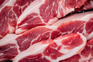 Macro shot of pork meat. Meat textured background. Beef steak is raw and juicy.