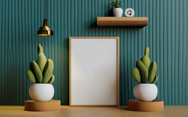 Mock up photo frame green wall mounted on the wooden cabinet 3d rendering. 