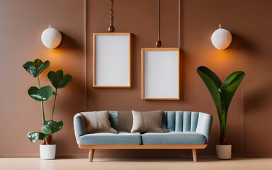 Mock up photo frame green wall mounted on the wooden cabinet 3d rendering. 