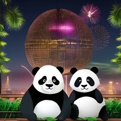A panda family watching the New Year's Eve ball drop on a bamboo TV2